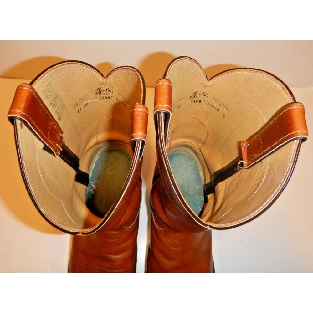 Justin Boots Style 1108 Men's Size 10 Cognac Leather Western Roper Made in USA